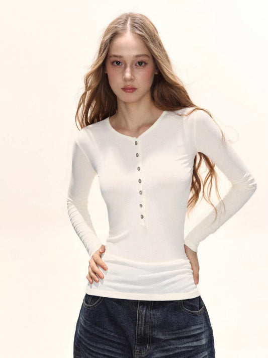Women's Ribbed Knit Henley Long Sleeve Top Slim Fit