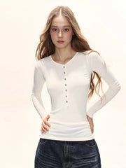 Women's Ribbed Knit Henley Long Sleeve Top Slim Fit