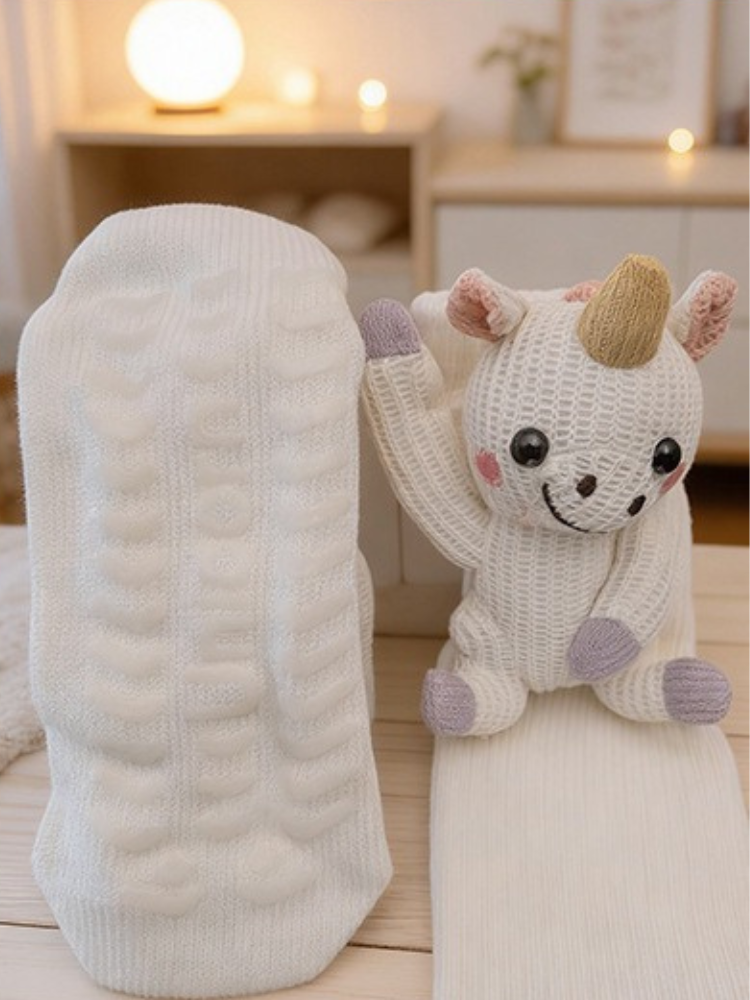 View of the sole of a white knit crew sock, revealing multiple non-slip grips in a textured pattern.