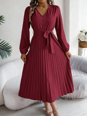 Vintage Khaki V-Neck Pleated Maxi Dress - TEVQA