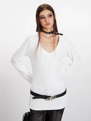 90s Minimalist Longline V-Neck Tee - TEVQA