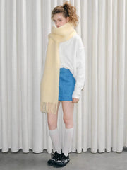 Wool Blend Tassel Scarf Cream Yellow Winter Shawl