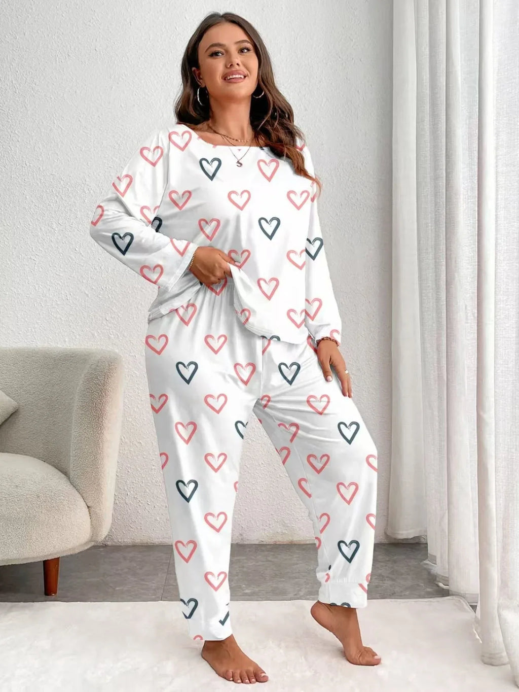 Plus Size Pink Heart Print Jogger Pajama Set - View 9 | TEVQA