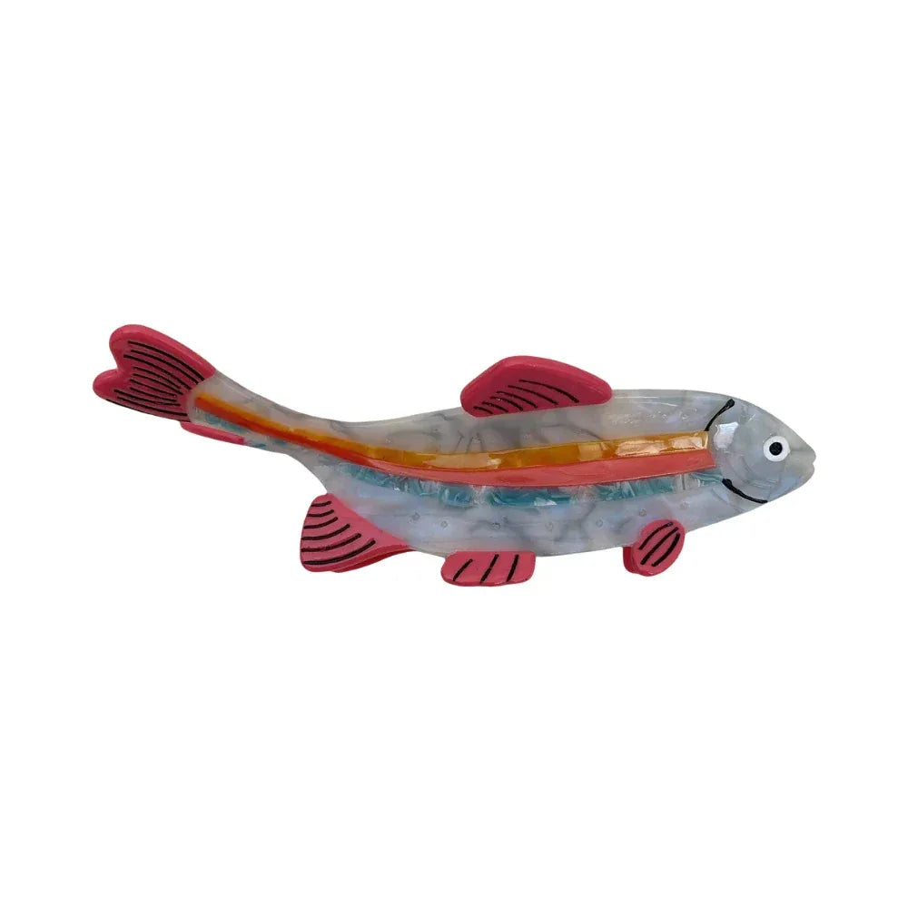 A single clear resin fish hair clip with pink fins and a rainbow stripe. Main image