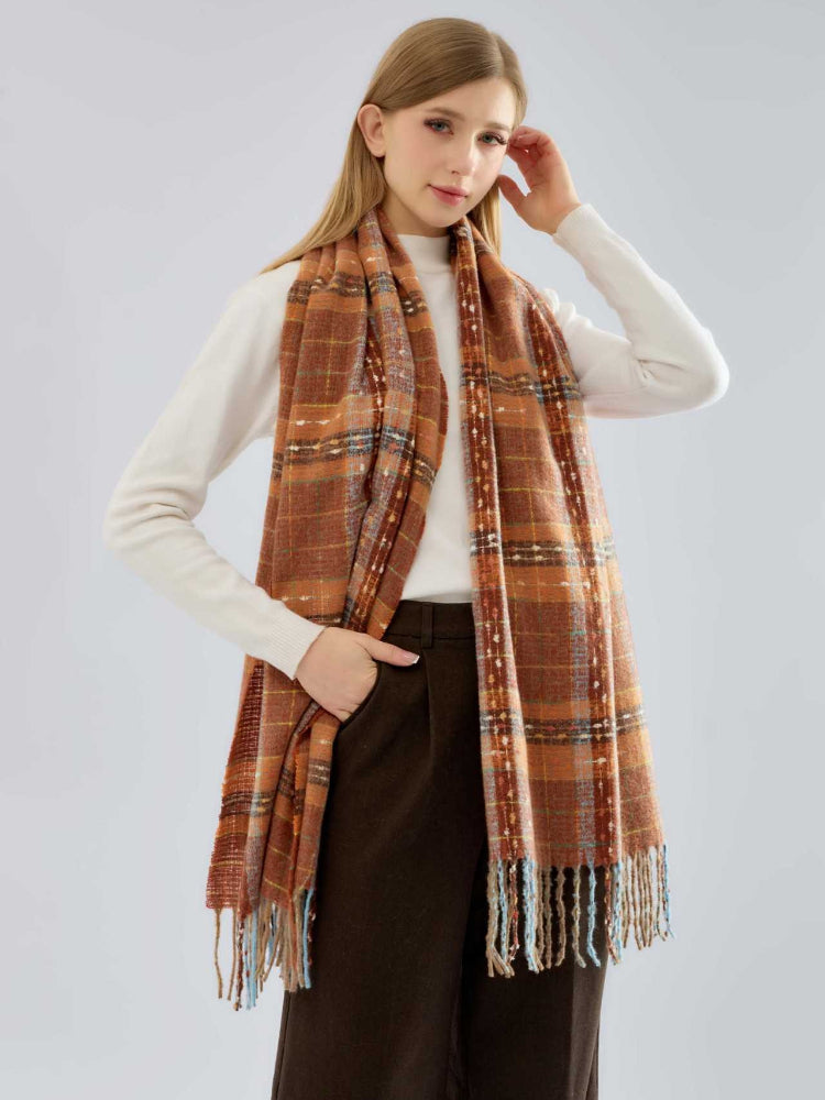 Women's Oversized Plaid Scarf Soft Brushed Tartan Wrap with Fringe Tassels - Rust & Brown