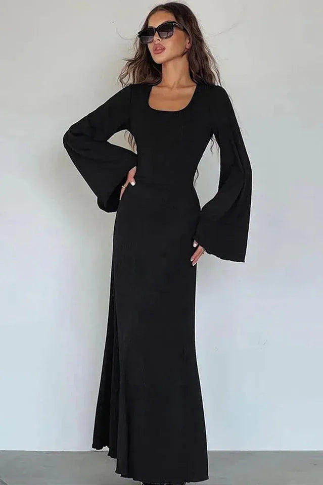 Long sleeve maxi dress with bell sleeves and lace-up back - View 7 | TEVQA