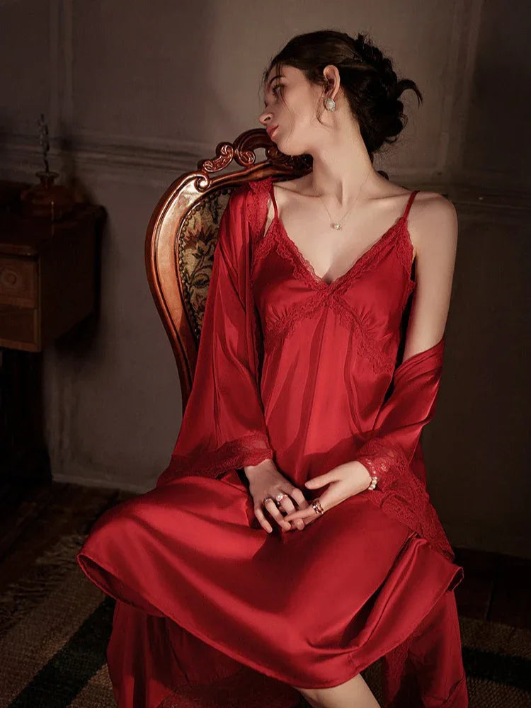 Satin Lace Nightgown and Robe Set - View 15 | TEVQA