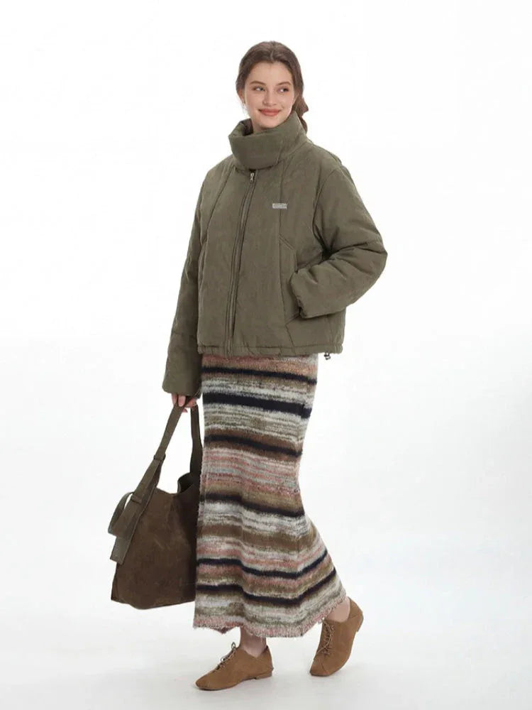 Vintage Olive Stand-Collar Puffer Jacket - TEVQA