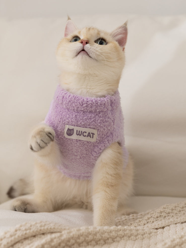A light purple fuzzy cat sweater with a high neckline and a patch that says "WCAT" is worn by a cream-colored cat sitting down.