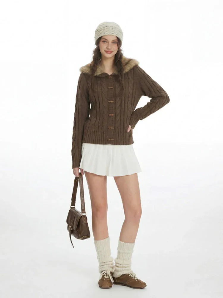 Vintage Chocolate Cable Knit Cardigan - TEVQA