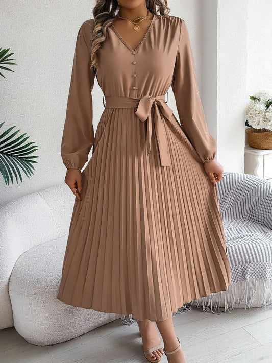 Vintage Khaki V-Neck Pleated Maxi Dress - TEVQA