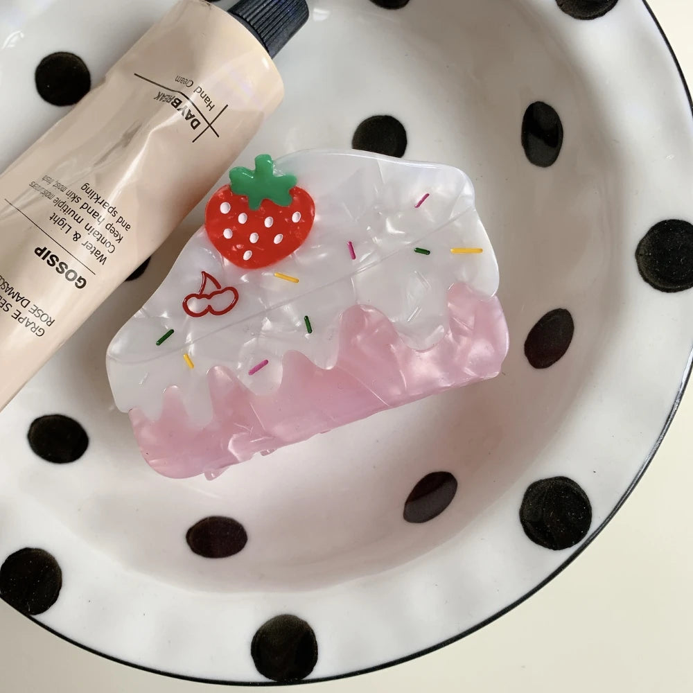3.35 Inch Strawberry Cake Acetate Hair Claw - Solid 35g Premium Clip