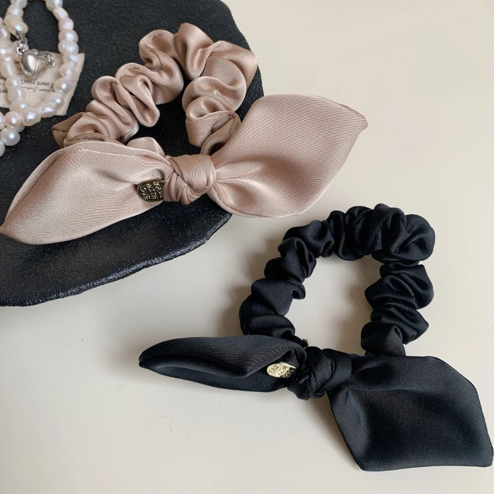 Elegant Satin Bow Hair Tie with Gold-Tone Charm