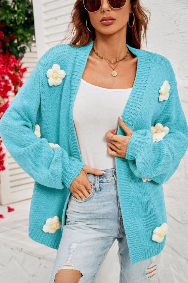 Camel 3D Floral Lantern Sleeve Cardigan - View 11 | TEVQA