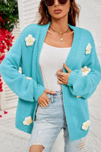 Camel 3D Floral Lantern Sleeve Cardigan - View 11 | TEVQA