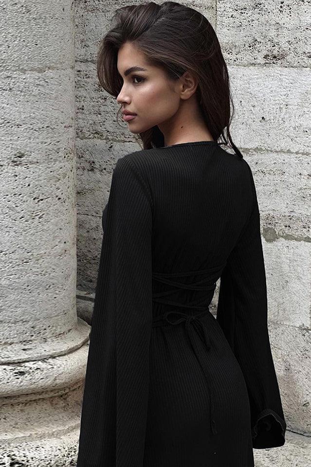 Long sleeve maxi dress with bell sleeves and lace-up back - View 8 | TEVQA