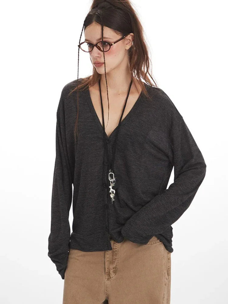 Vintage Charcoal Slouchy V-Neck Cardigan - TEVQA