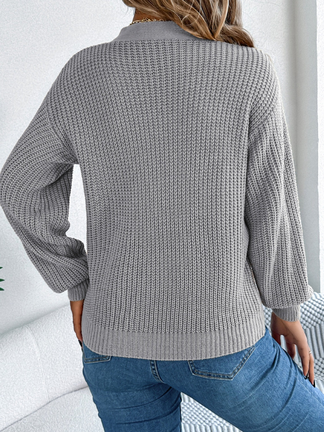 White Cutout V-Neck Cable Knit Sweater