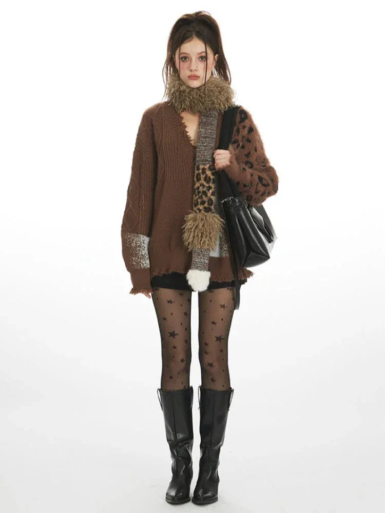 Y2K Grunge Leopard Patchwork Cardigan - TEVQA