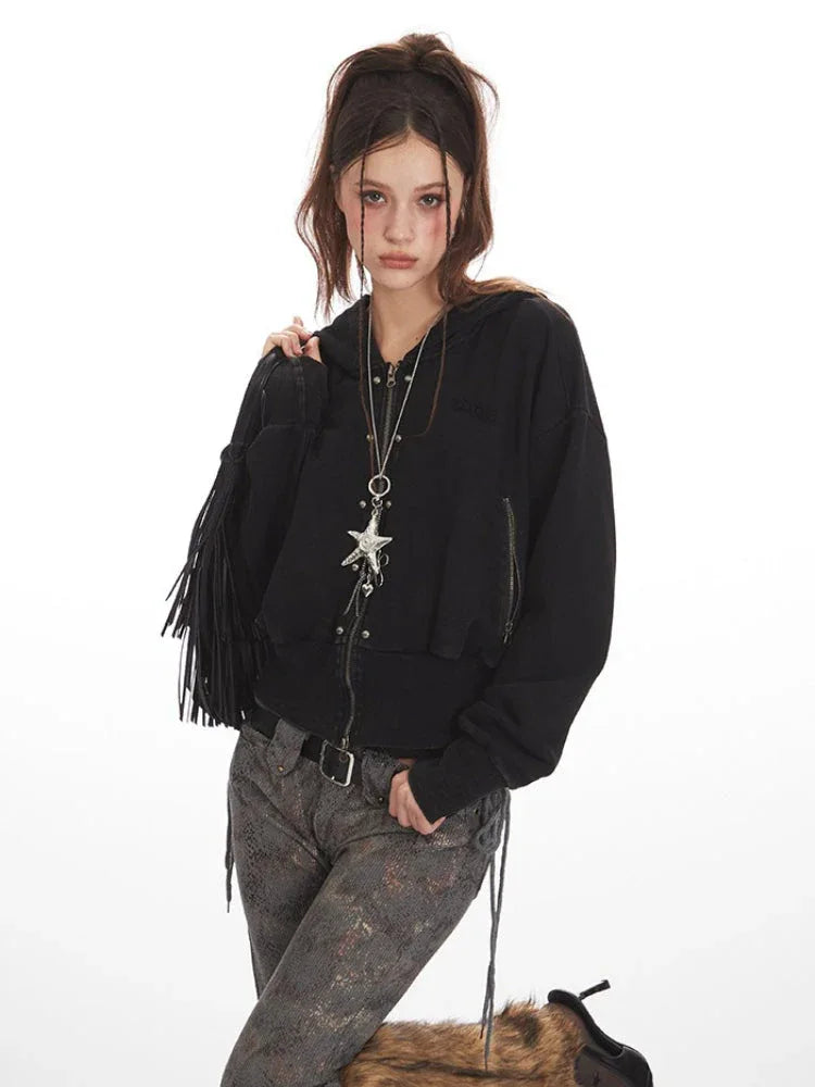 Grunge Y2K Distressed Cropped Zip-Up Hoodie - TEVQA