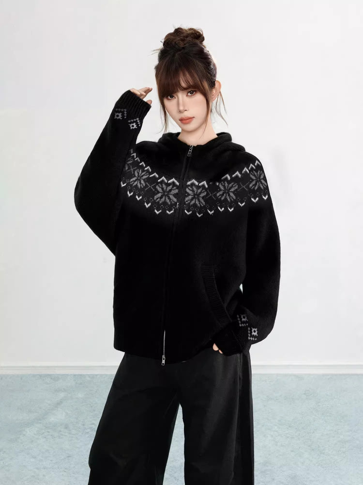Black Fair Isle Hooded Zip Knit Cardigan Snowflake Pattern