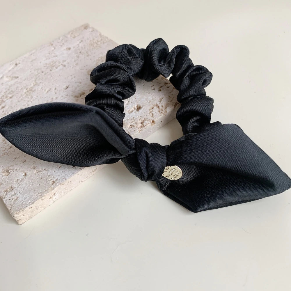 Elegant Satin Bow Hair Tie with Gold-Tone Charm