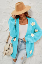 Camel 3D Floral Lantern Sleeve Cardigan - View 9 | TEVQA