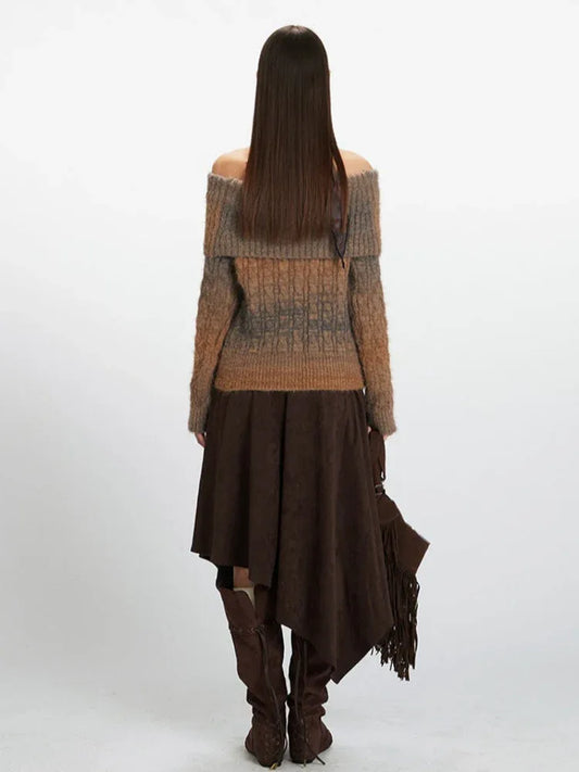 Y2K Mocha Ombre Off-Shoulder Fuzzy Knit Sweater - TEVQA
