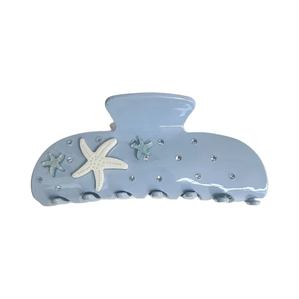 light blue claw clip with white and light blue starfish and clear rhinestones