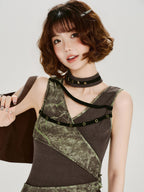 Vintage Grunge Tie-Dye Patchwork Tank Top Brown