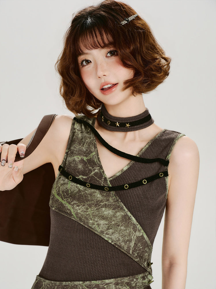 Vintage Grunge Tie-Dye Patchwork Tank Top Brown