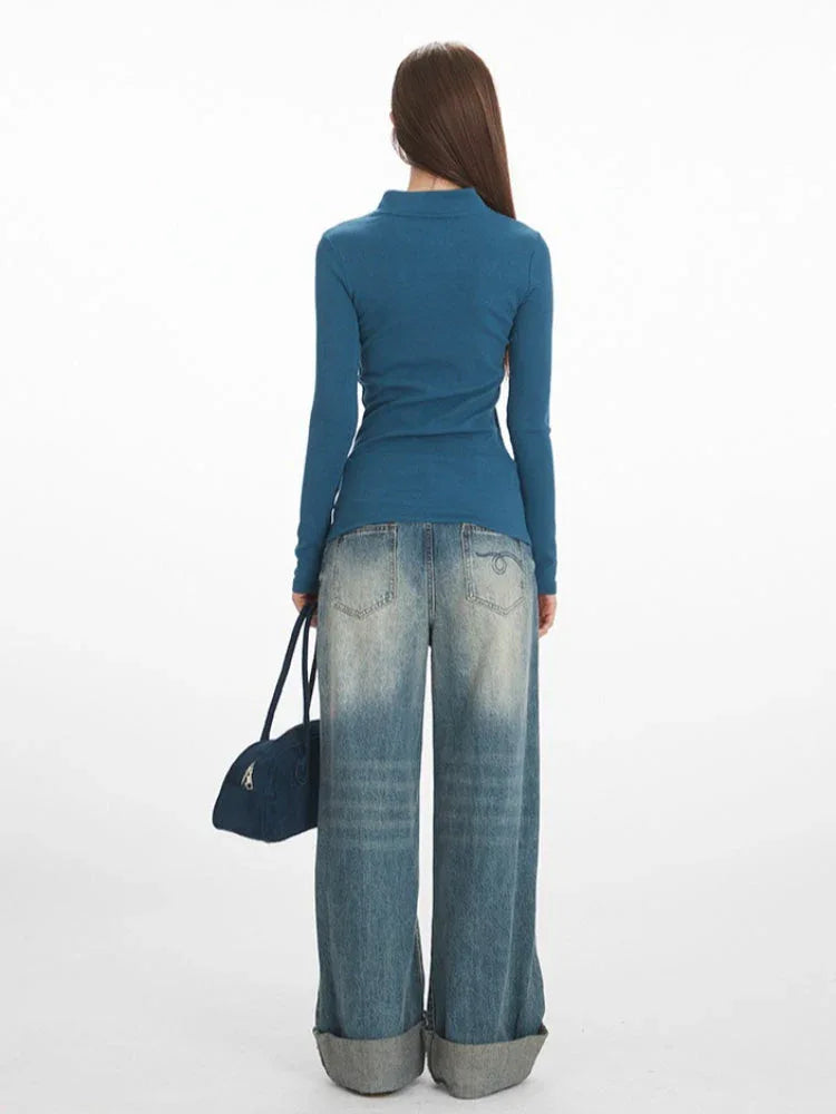 Y2K Essential Ribbed Henley Long Sleeve Top - TEVQA