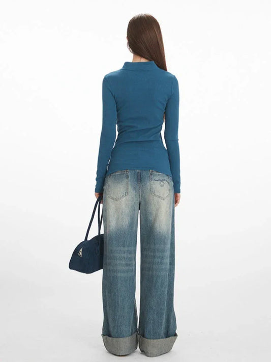 Y2K Essential Ribbed Henley Long Sleeve Top - TEVQA