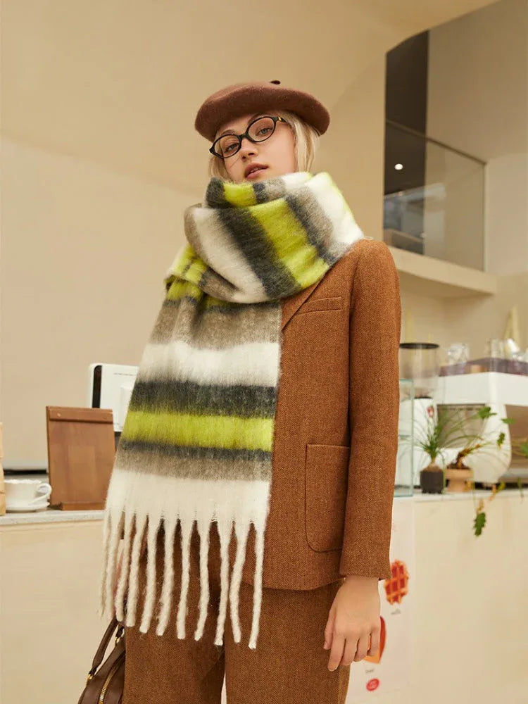 Oversized knit scarf with block stripes and fringe - View 23 | TEVQA