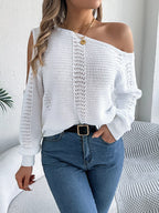 White Hollow Out Cold Shoulder Knit Sweater - TEVQA