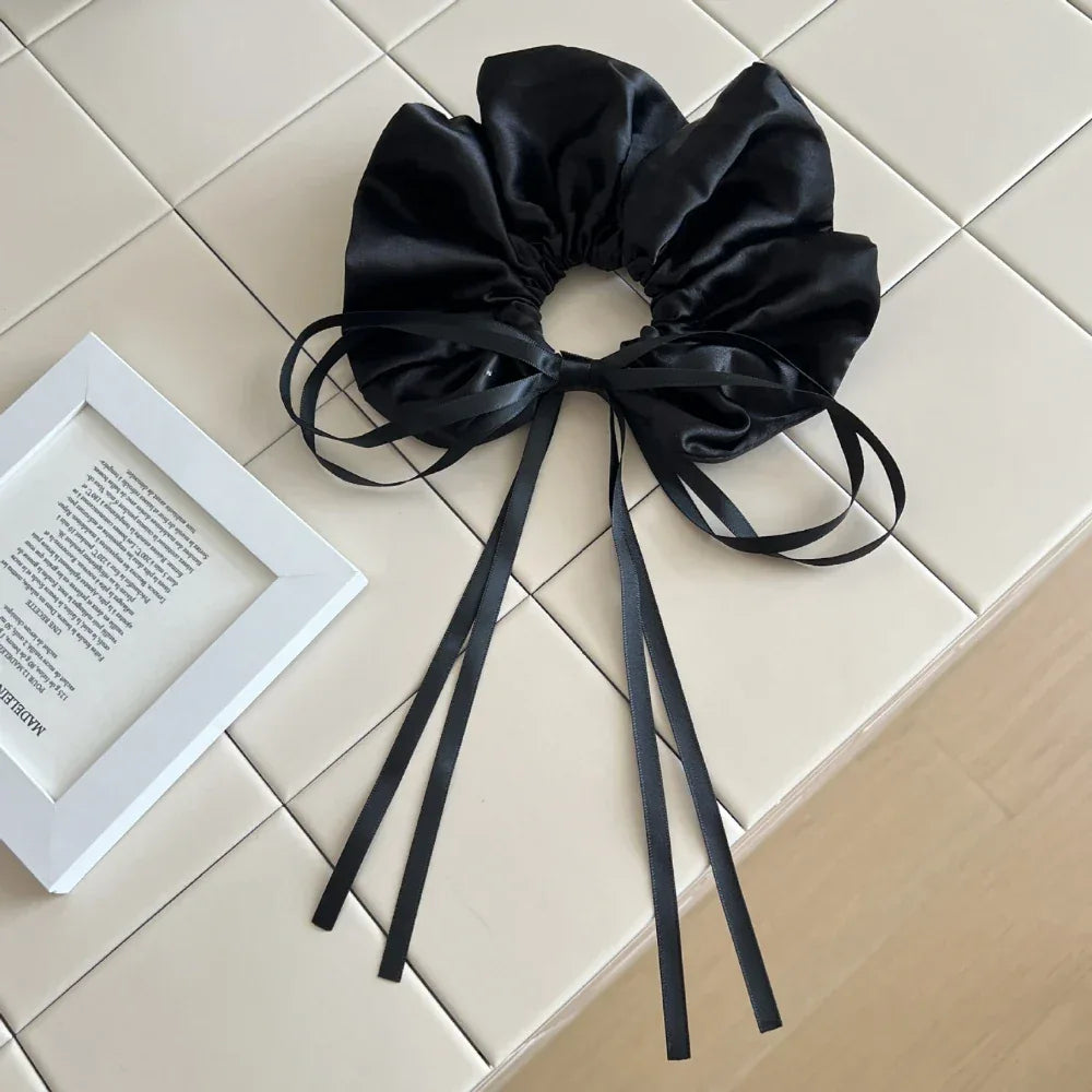 Satin ribbon hair scrunchie with long tails - View 6 | TEVQA