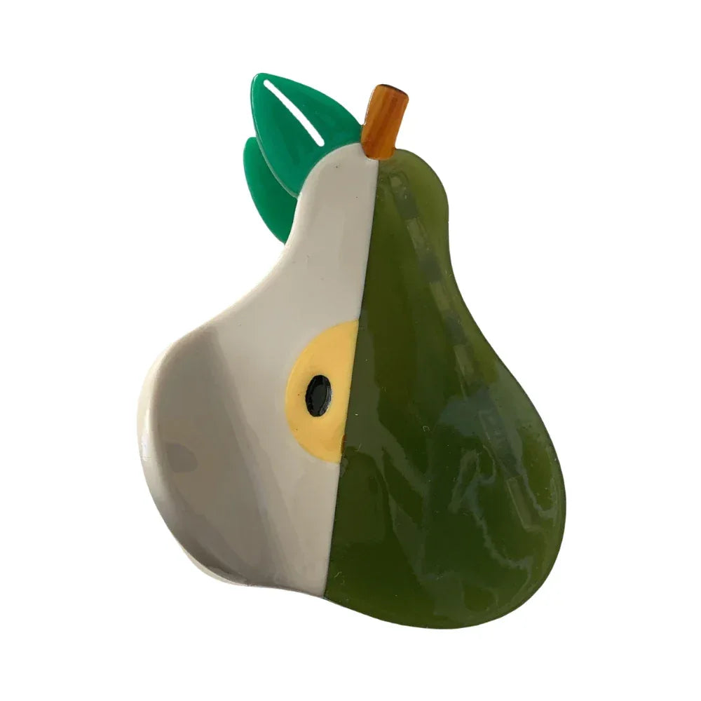 Two-tone green and white pear-shaped hair claw clip with green leaves and a brown stem
