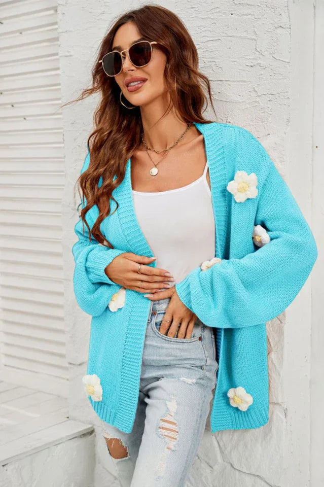 Camel 3D Floral Lantern Sleeve Cardigan - View 10 | TEVQA