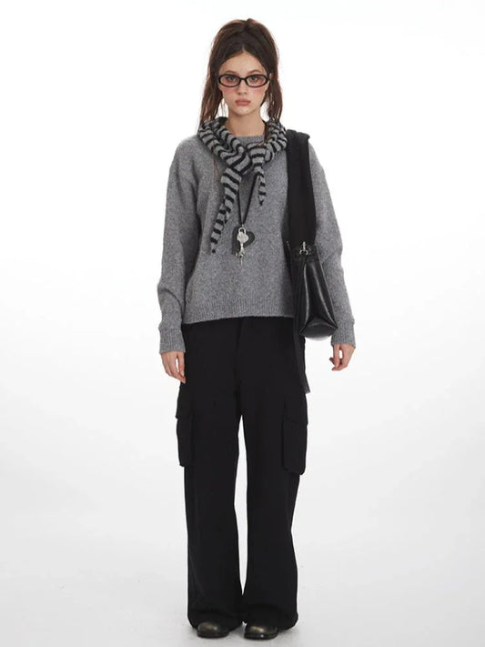Acubi Grey Fuzzy Knit Sweater with Striped Hooded Scarf - TEVQA