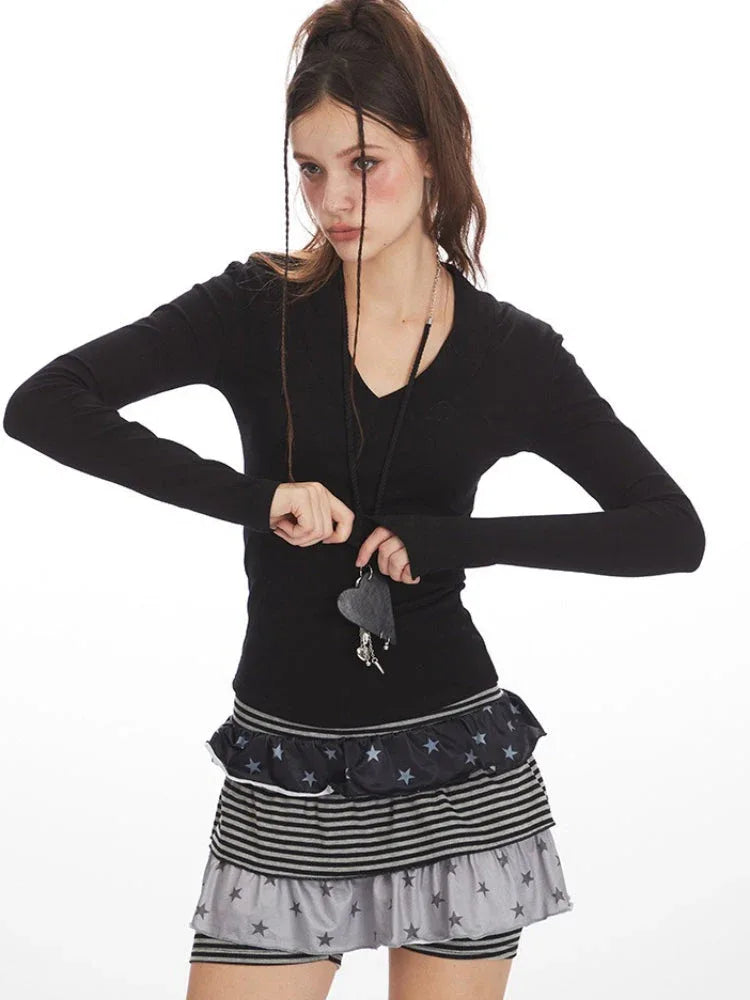 Y2K Grunge Essential V-Neck Long Sleeve Top - TEVQA