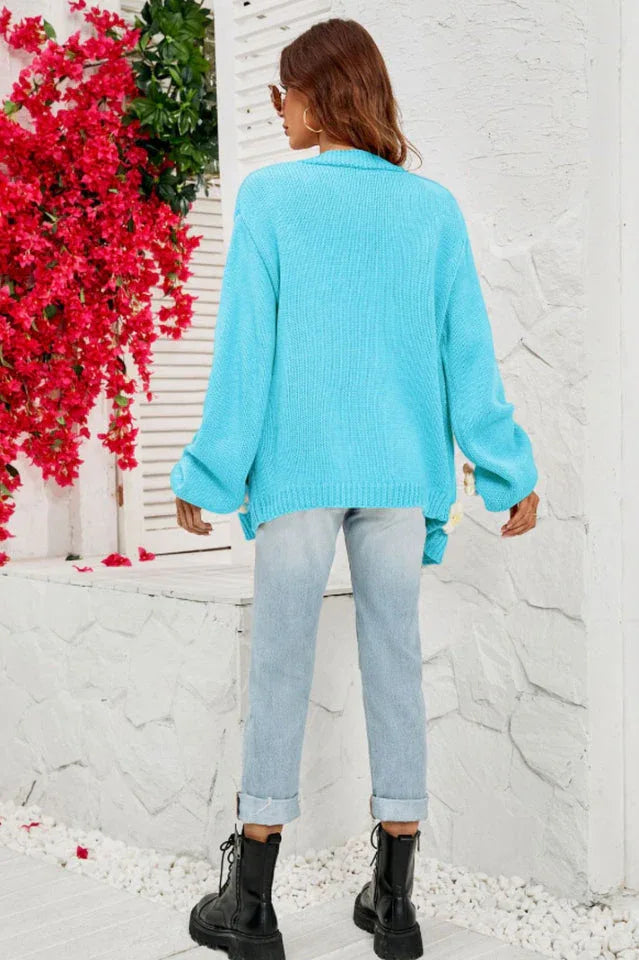 Camel 3D Floral Lantern Sleeve Cardigan - View 12 | TEVQA