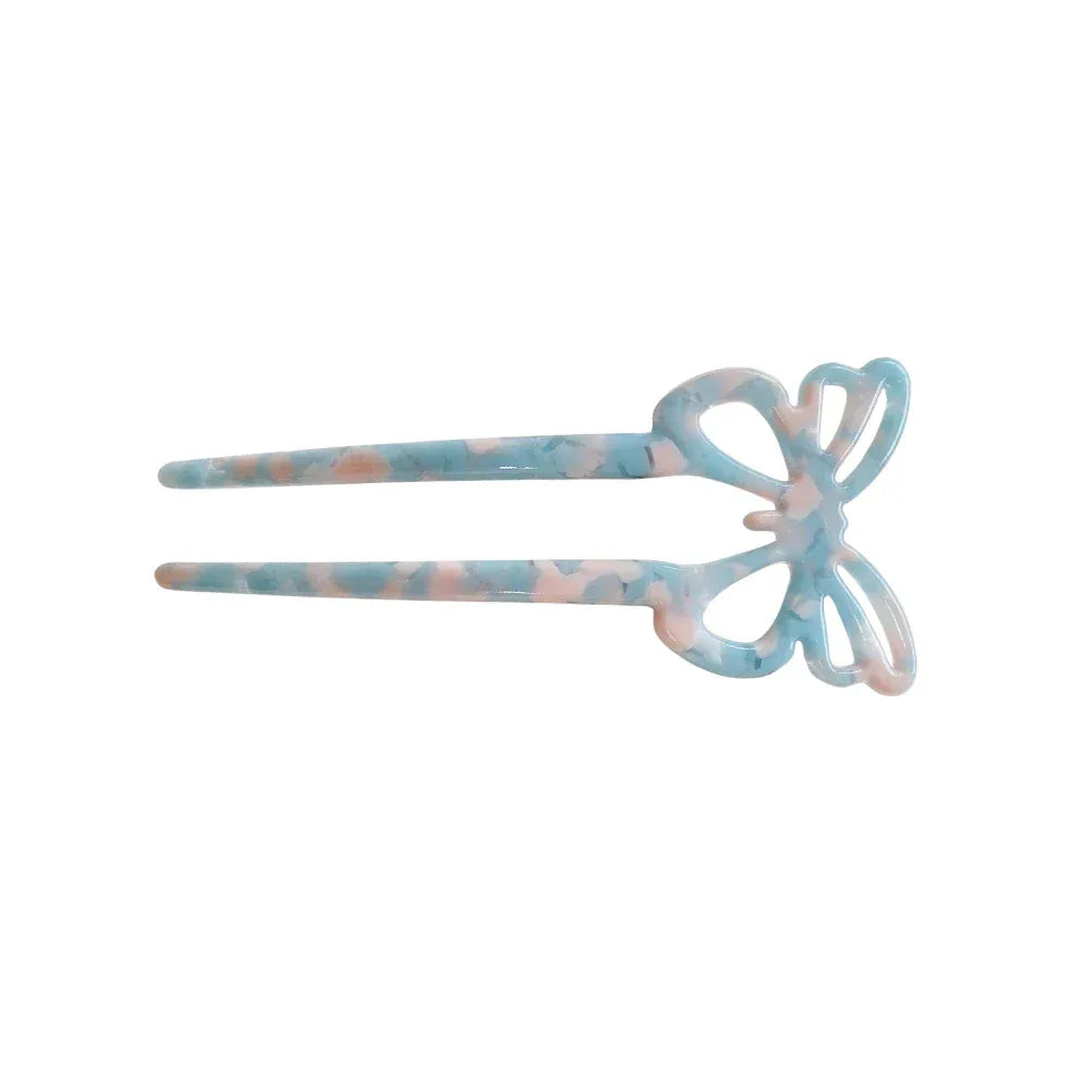 blue and pink marbled butterfly hair stick