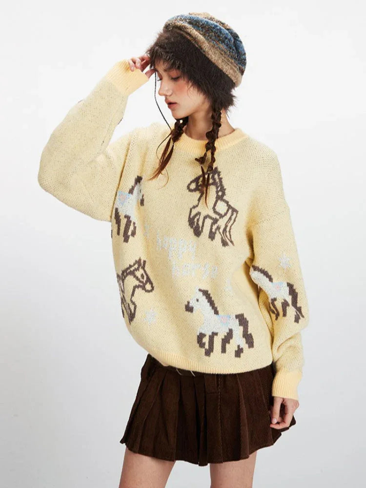Vintage Yellow "Happy Horse" Knit Sweater - TEVQA