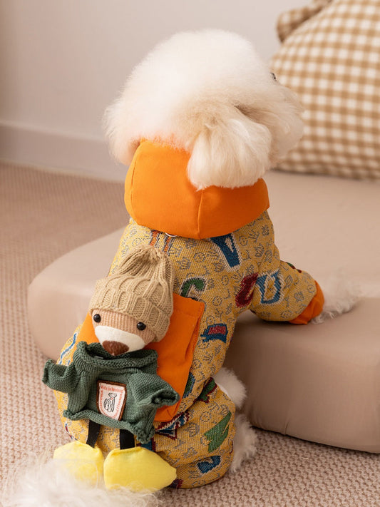 Yellow Graffiti Hooded Pet Jumpsuit with 3D Bear Doll