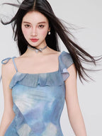 Blue Tie-Dye Asymmetrical Ruffle Swimsuit