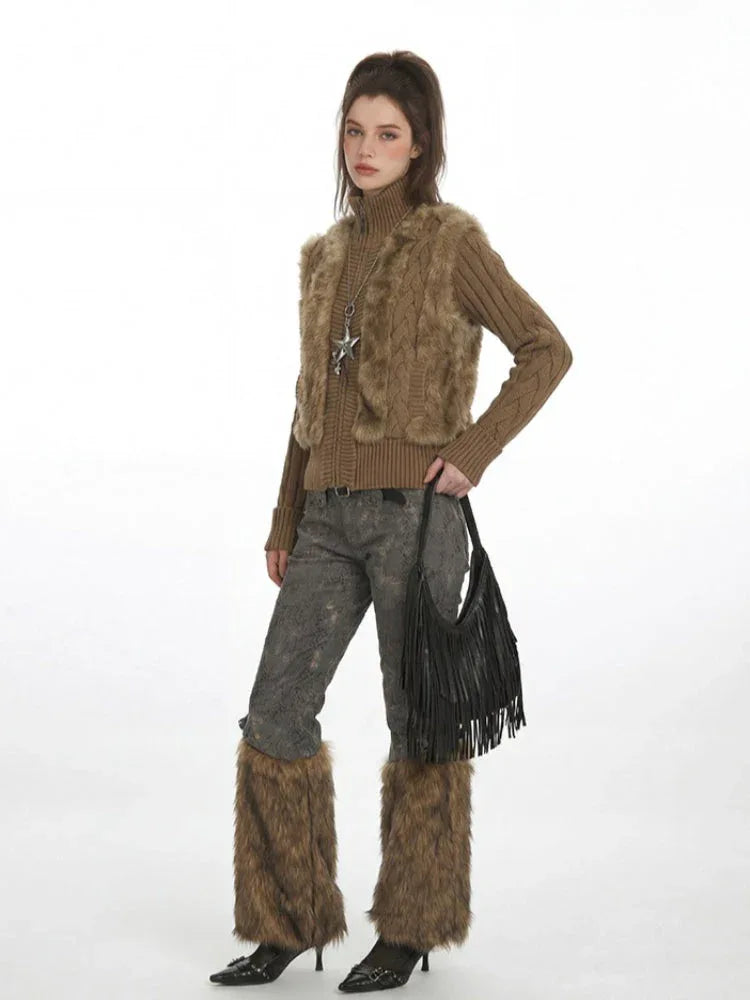Y2K Faux Fur Panel Zip-Up Cardigan - TEVQA
