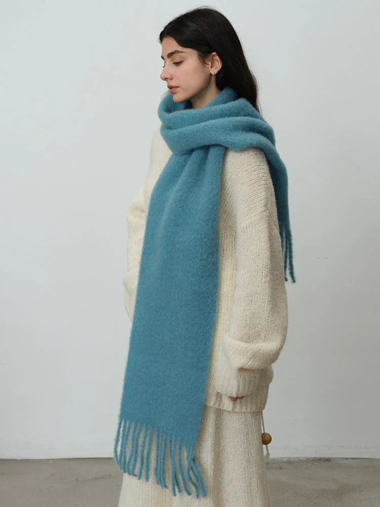 Oversized wool blend scarf in Vintage Blue or Monet Purple with tassels - View 3 | TEVQA