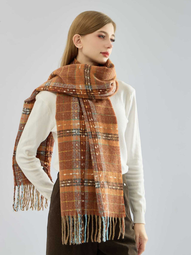 Women's Oversized Plaid Scarf Soft Brushed Tartan Wrap with Fringe Tassels - Rust & Brown Secondary image