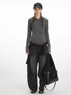 Y2K Grunge Striped Hooded Henley Top - TEVQA