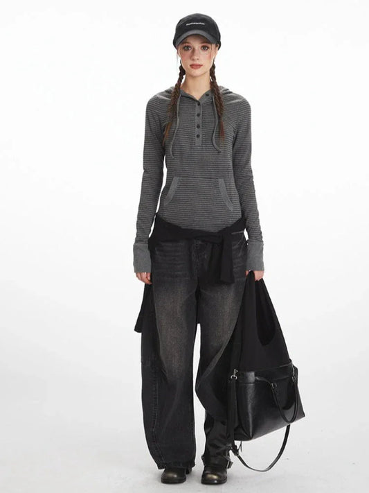 Y2K Grunge Striped Hooded Henley Top - TEVQA